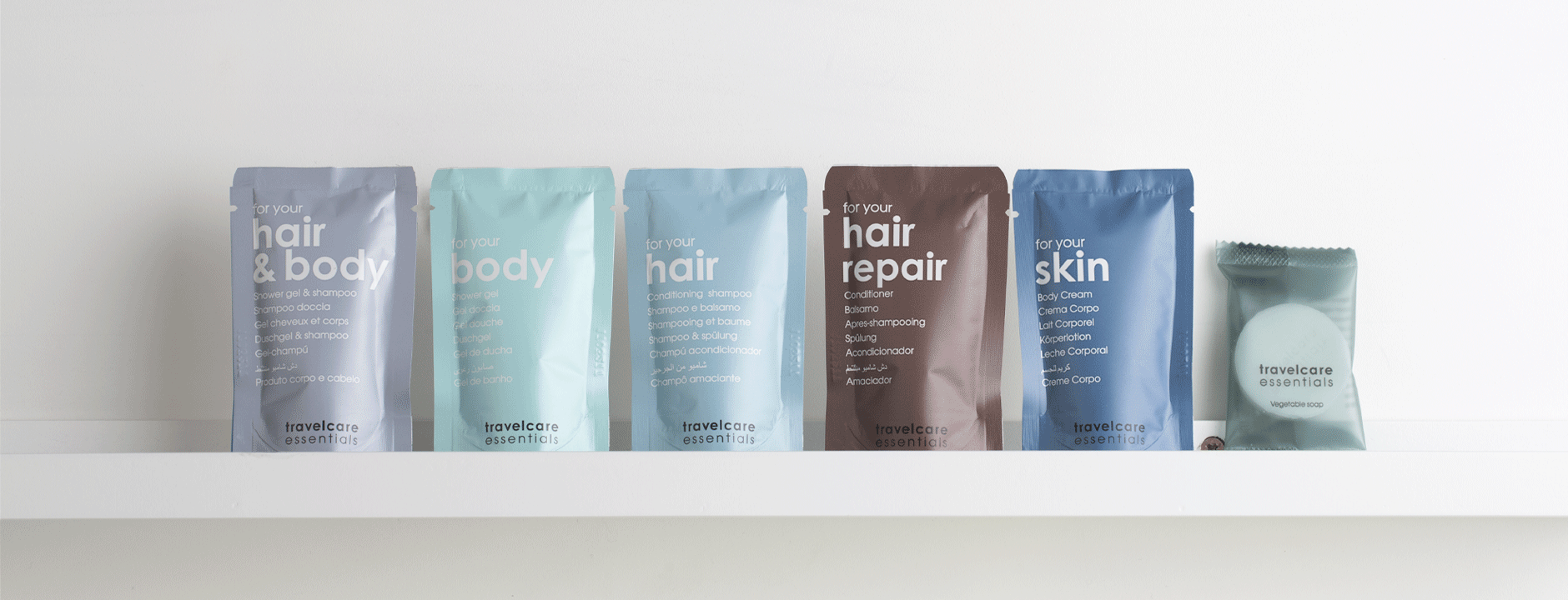 Travelcare Essentials collection provides everyday care for hair and body with cosmetics containing natural extracts in very gentle formulas. SMART COSMETICS FOR EVERYDAY WELLBEING. EASY, ACCESSIBLE, ECO-FRIENDLY. GFL Hotel Amenities