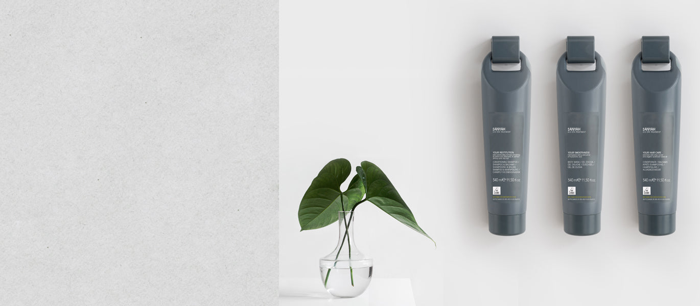Anyah introduces some of its cosmetics in a bigger format, offering three alternatives of dispenser. These bottles are ideal for restrooms and represent an even more ecological solution. GFL Eco Spa Hotellerie.