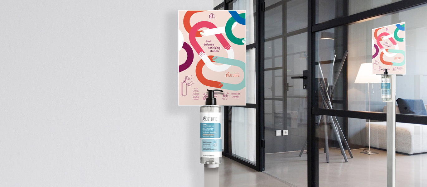 Gel for Life FREESTANDING TOTEM. Making living spaces safe, again. New levels of hygiene have been established and adopted to become the new routine. GFL Gel for Life HAND CLEANSING GEL.