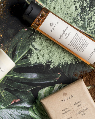 PRIJA TEMPT YOUR SENSES. GFL Hotellerie highest-quality ingredients. Shampoo Eruca Sativa, Vitalising Creamy Bath Foam with Ginseng, Softening Soap.