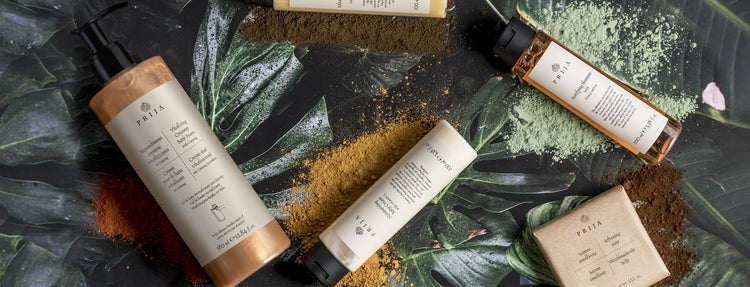 PRIJA TEMPT YOUR SENSES. GFL Hotellerie highest-quality ingredients. Shampoo Eruca Sativa, Vitalising Creamy Bath Foam with Ginseng, Softening Soap.